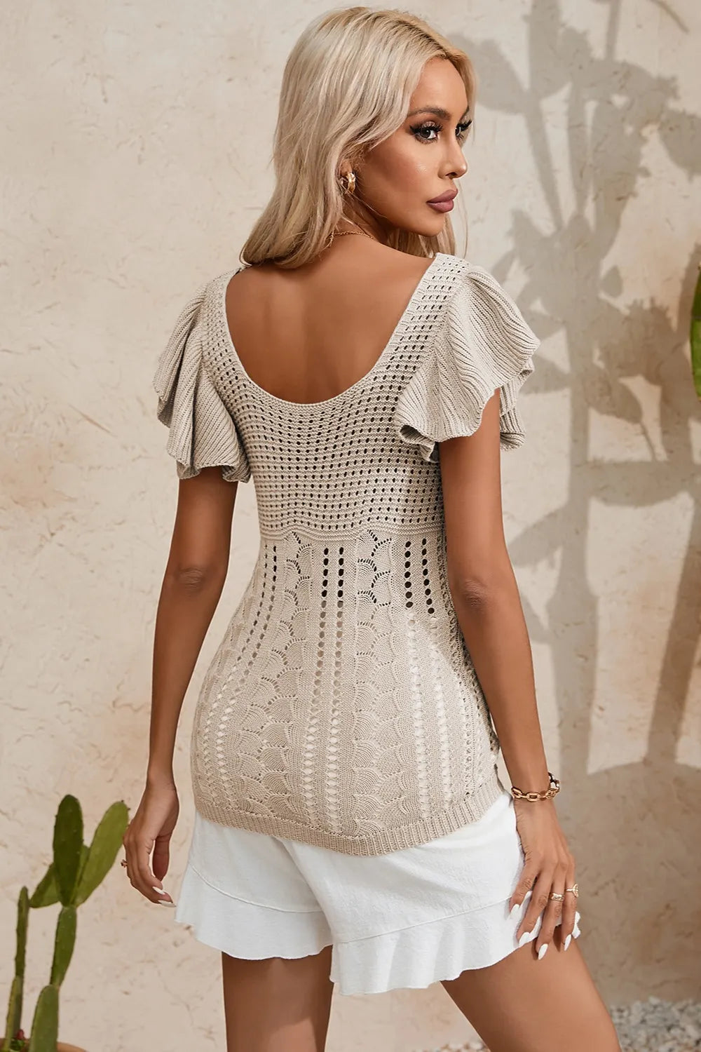 Full Size Openwork Flutter Sleeve Knit Top 
