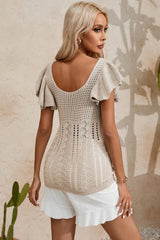 Full Size Openwork Flutter Sleeve Knit Top 