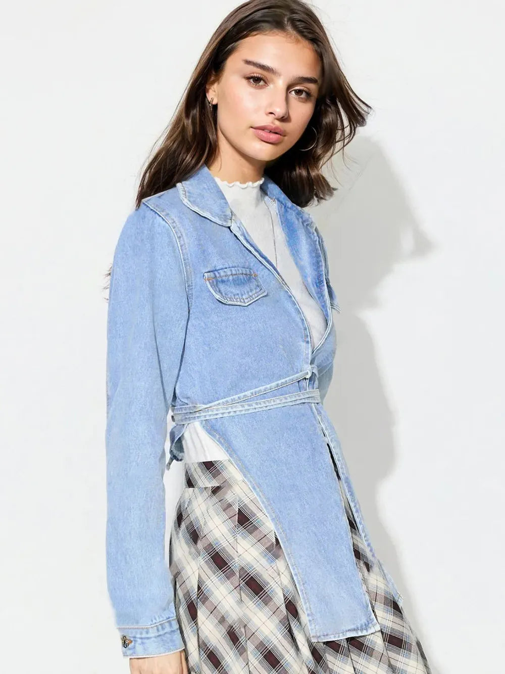 Asymmetric Slit Collared Neck Long Denim Top 