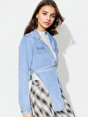Asymmetric Slit Collared Neck Long Denim Top 