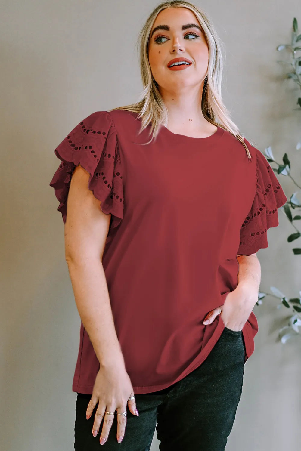 Plus Size Eyelet Round Neck Short Sleeve Blouse 