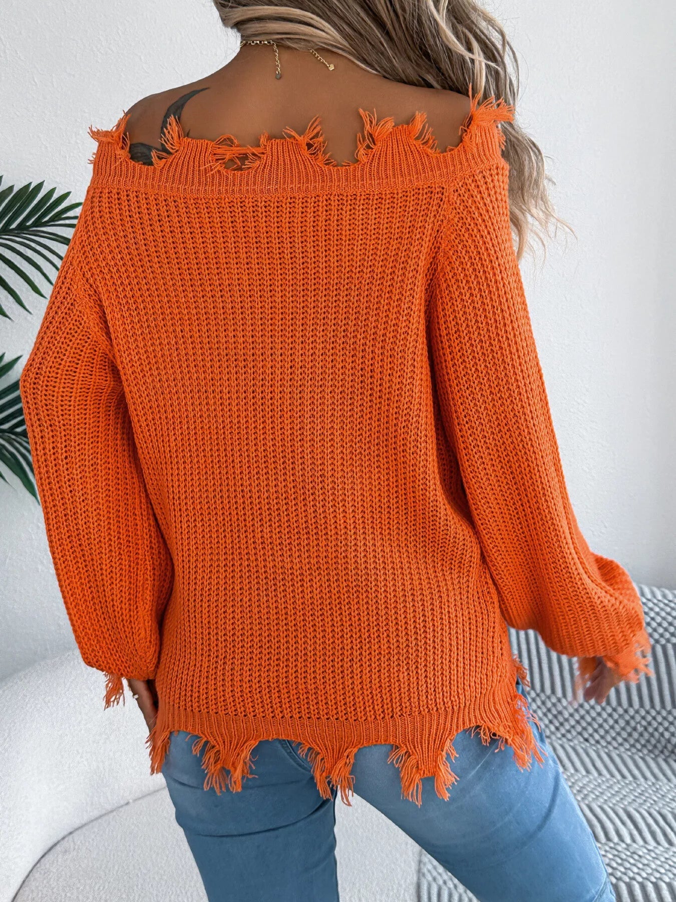 Distressed Hem Openwork Off-Shoulder Sweater 