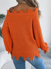 Distressed Hem Openwork Off-Shoulder Sweater 