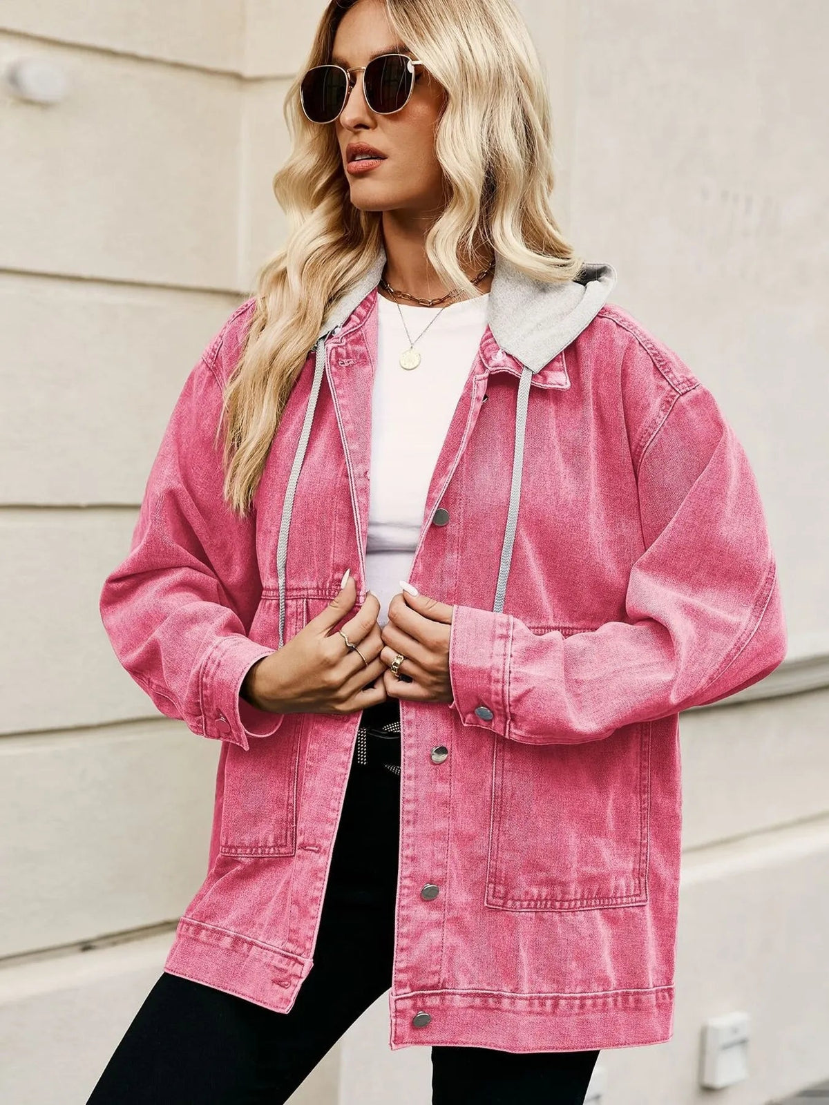 Oversized Button Up Denim Jacket with Hood 