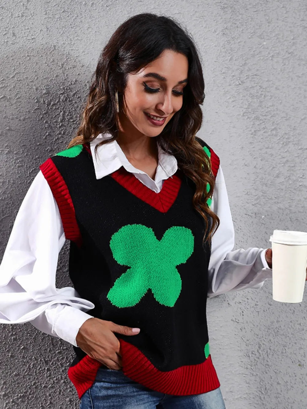 Four Leaf Clover V-Neck Sweater Vest 
