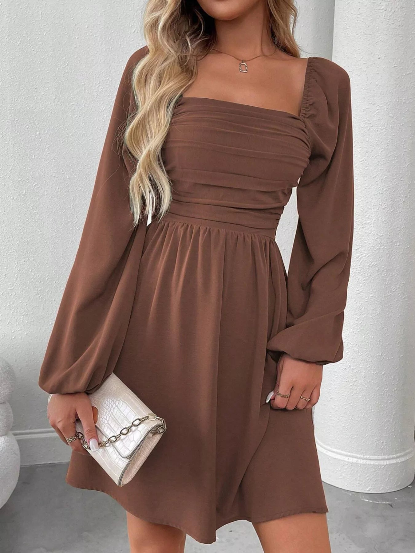 Ruched Square Neck Long Sleeve A-Line Dress 