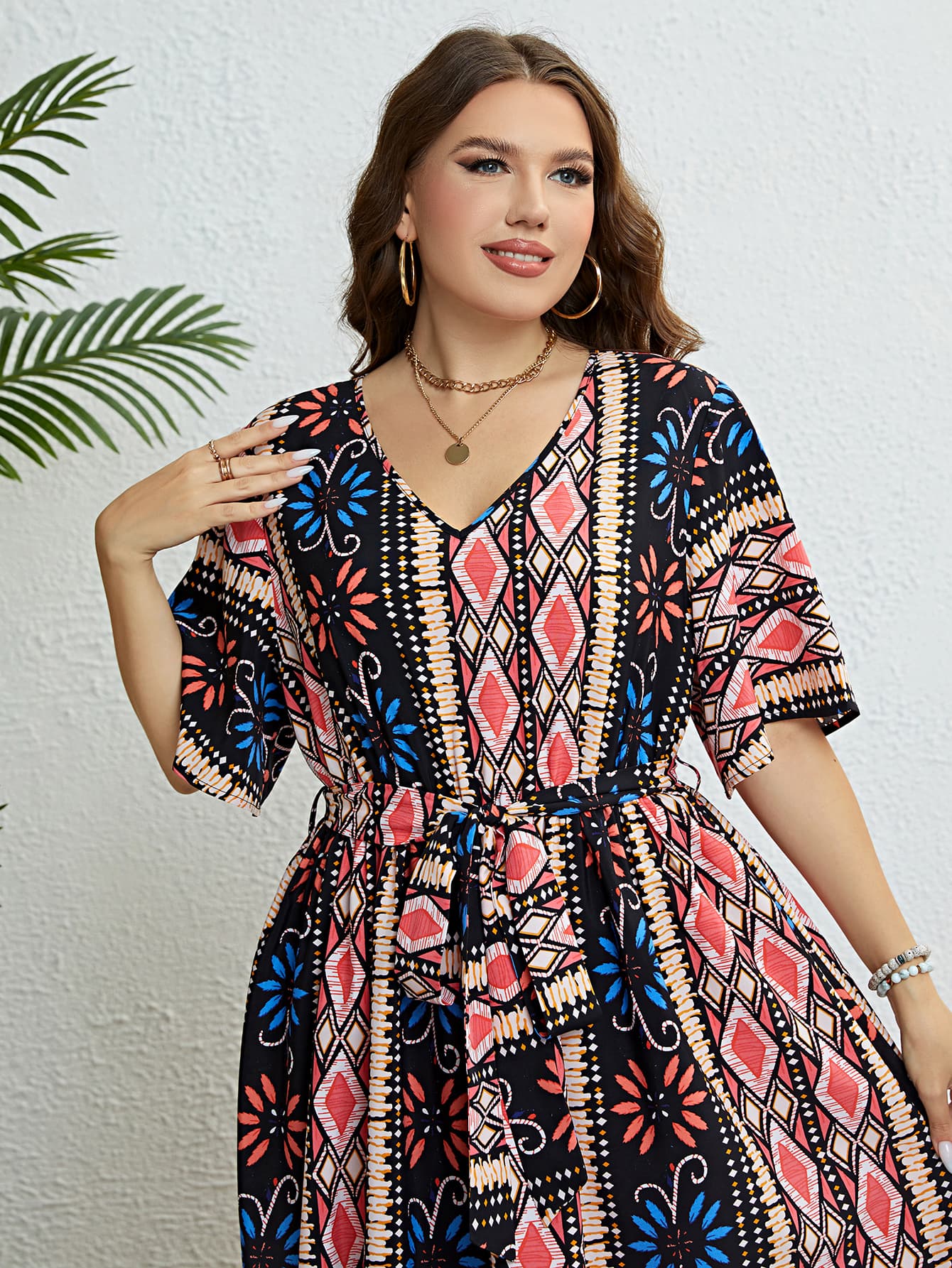 Honey Plus Size Bohemian V-Neck Tie Belt Midi Dress 