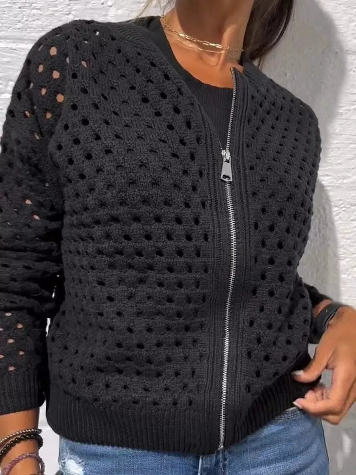 Full Size Zip Up Long Sleeve Cardigan with Eyelet Detail Plus Size 