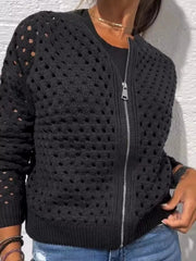 Full Size Zip Up Long Sleeve Cardigan with Eyelet Detail Plus Size 