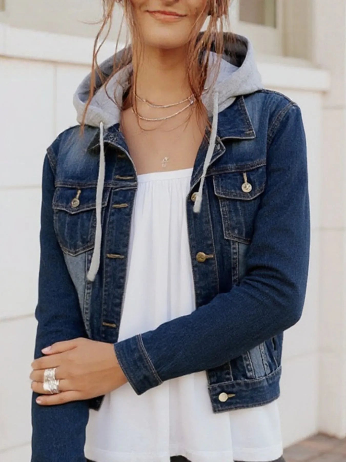 Full Size Button Up Drawstring Hooded Denim Jacket Plus Size 