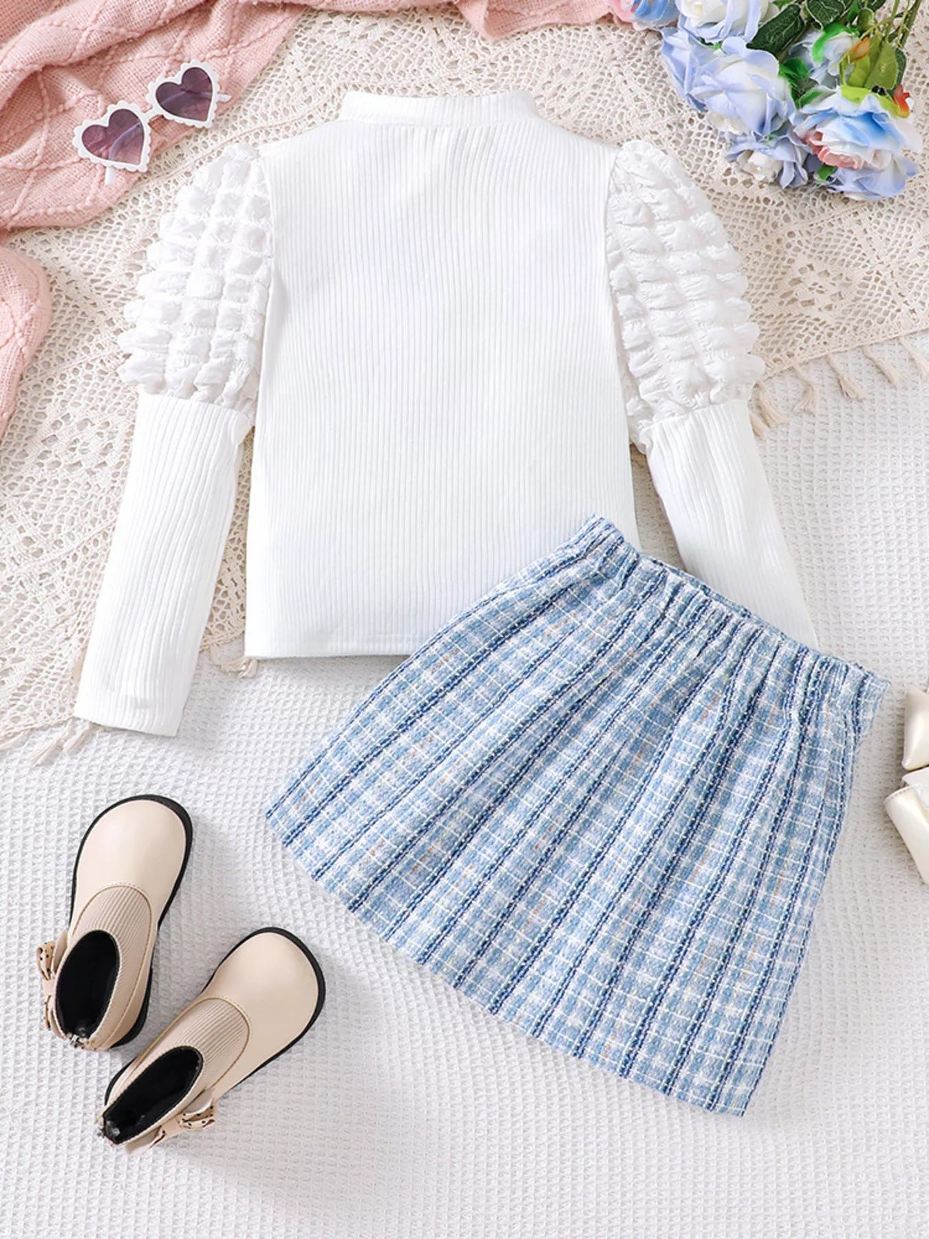 Children's Puff Sleeves Top and Plaid Skirt Set 