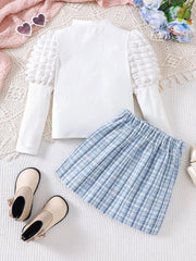 Children's Puff Sleeves Top and Plaid Skirt Set 