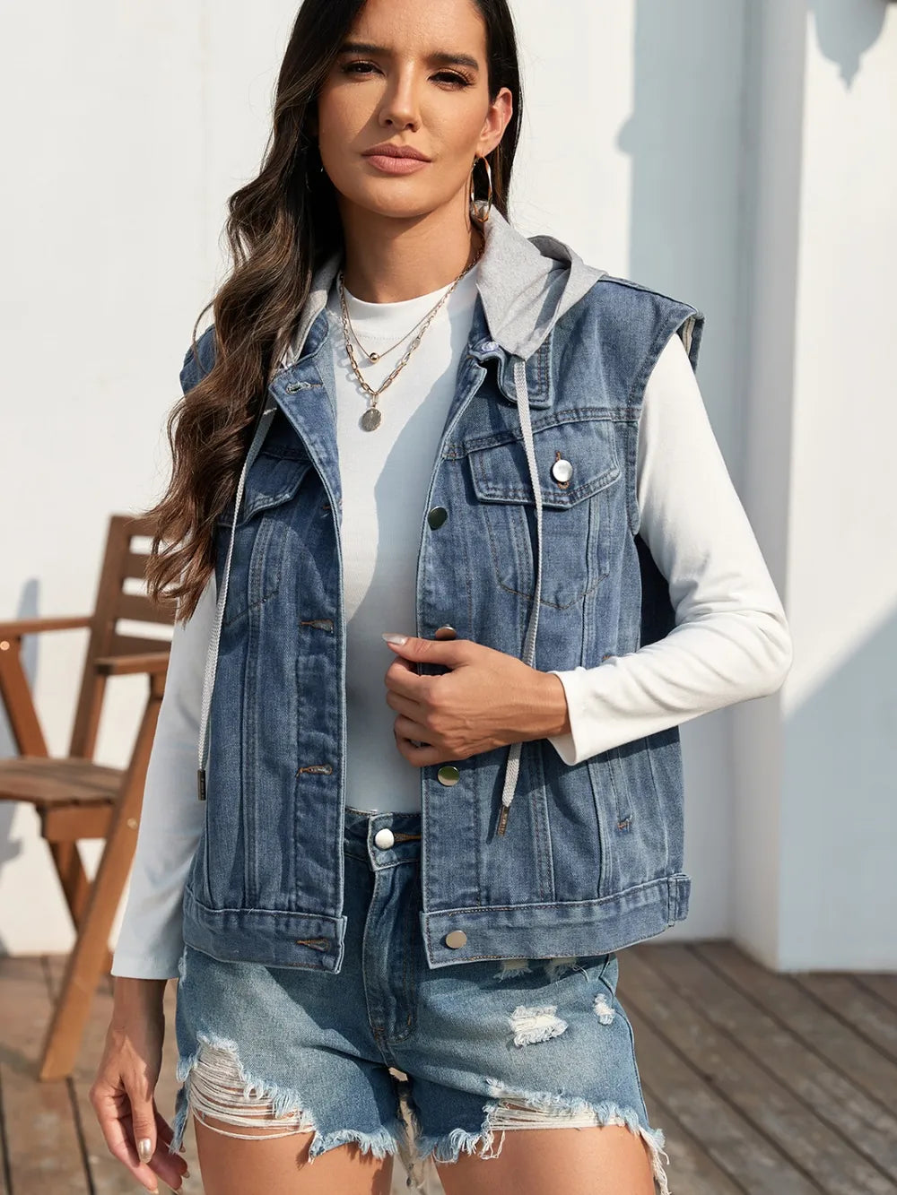 Pocketed Button Up Hooded Denim Jacket 