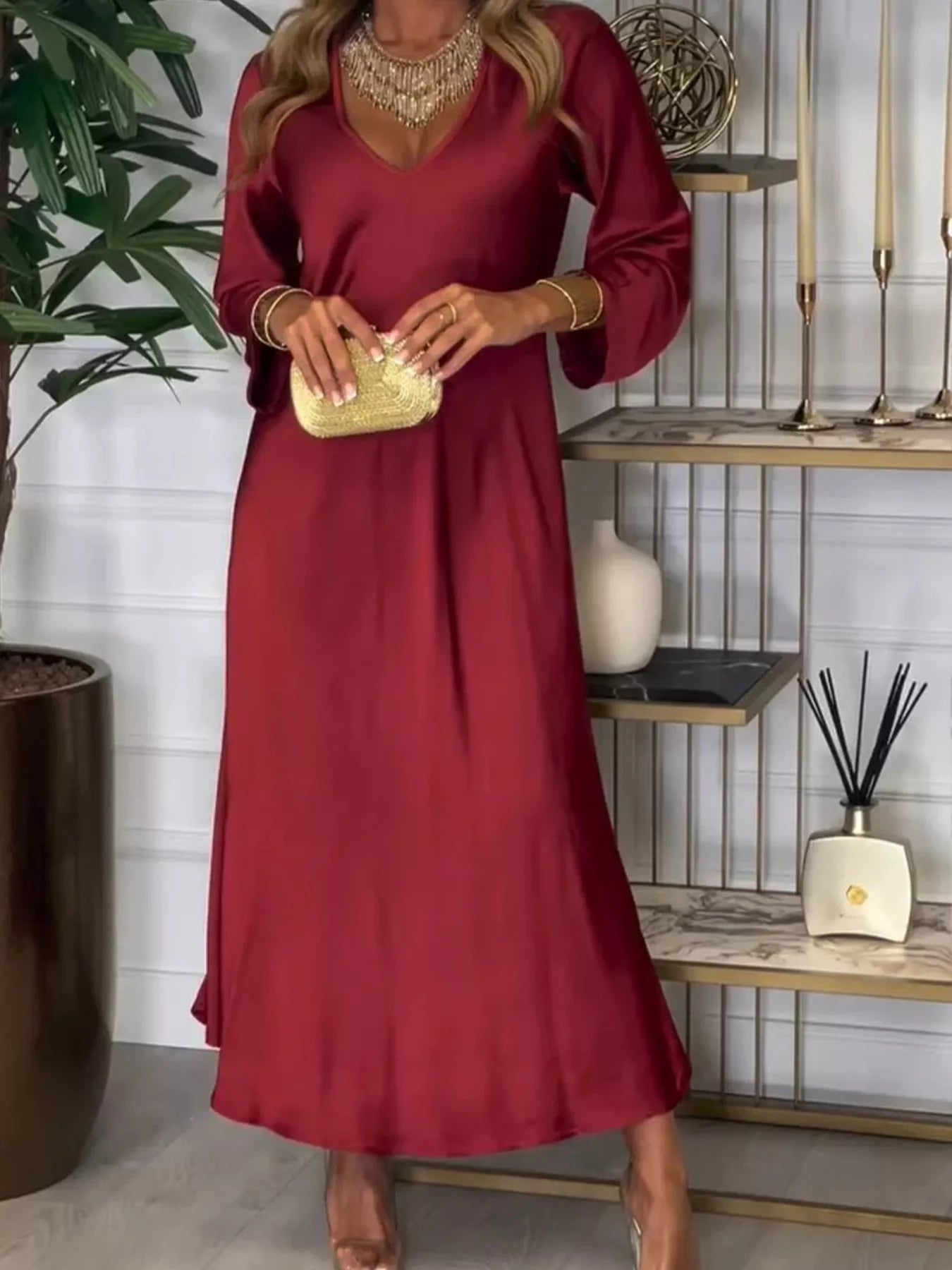 Full Size V-Neck Long Sleeve Midi Dress Plus Size 
