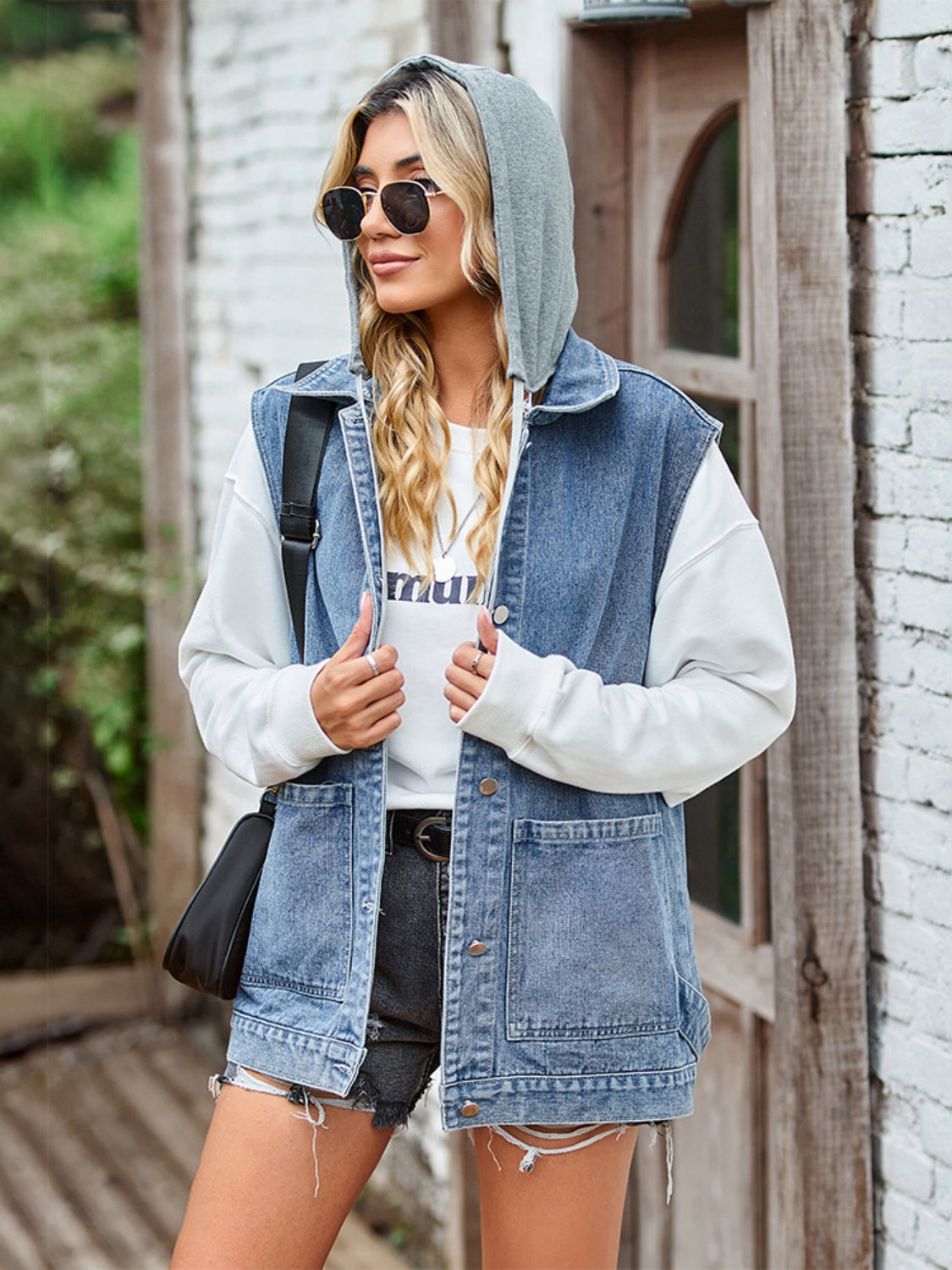 Button Up Sleeveless Denim Jacket with Pockets 