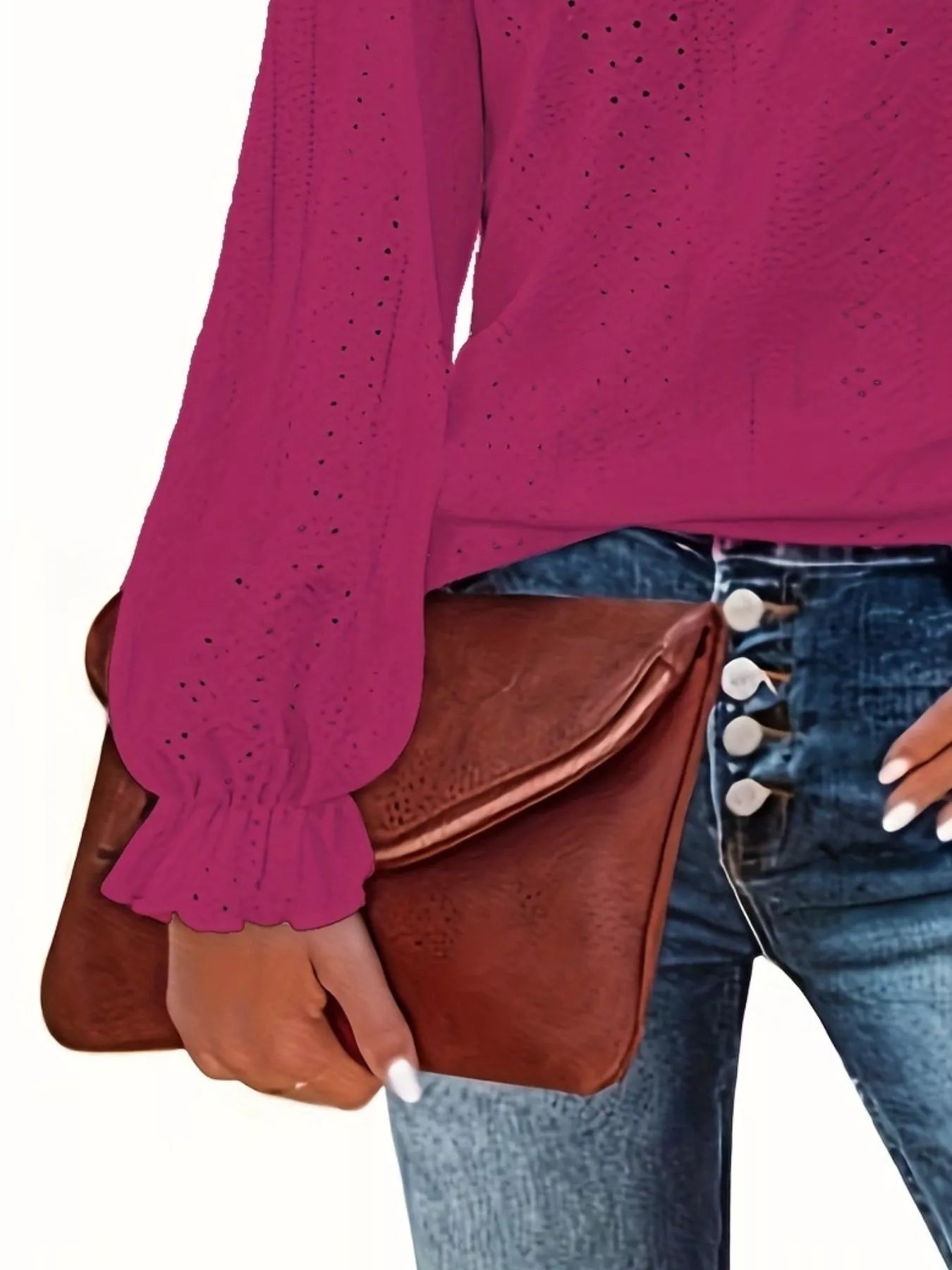 Plus Size Eyelet V-Neck Flounce Sleeve Blouse 