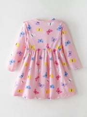 Children's Butterfly Print Ruffle Trim Long Sleeve Dress 