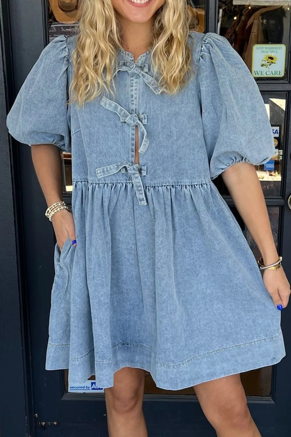 Bowknot Round Neck Half Sleeve Denim Dress 