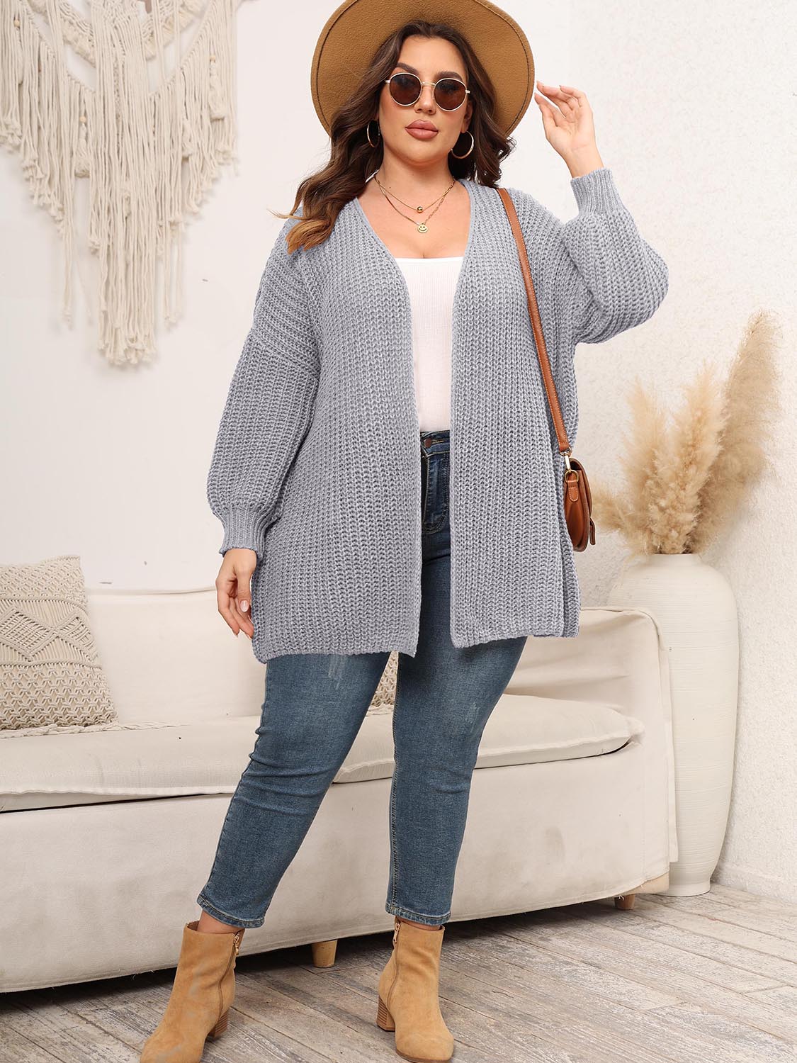 Plus Size Open Front Dropped Shoulder Knit Cardigan 
