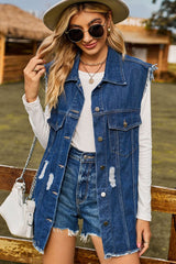 Sleeveless Button-Up Collared Denim Top with Pockets 