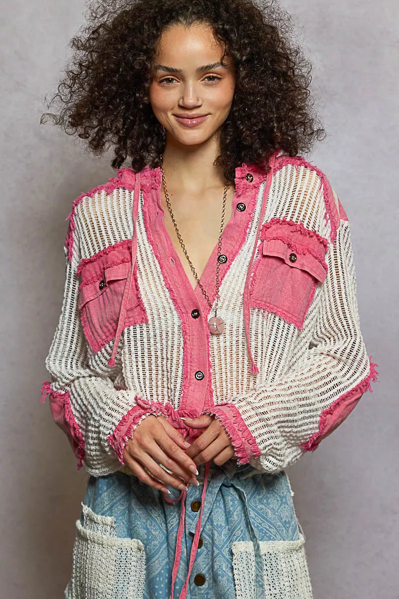 POL Texture Woven Button Down Hooded Shirt with Drawstring Hem 