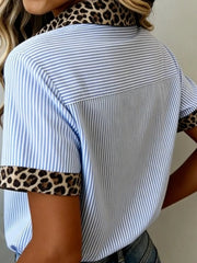 Stripe Leopard Contrast Collar Short Sleeve Shirt 