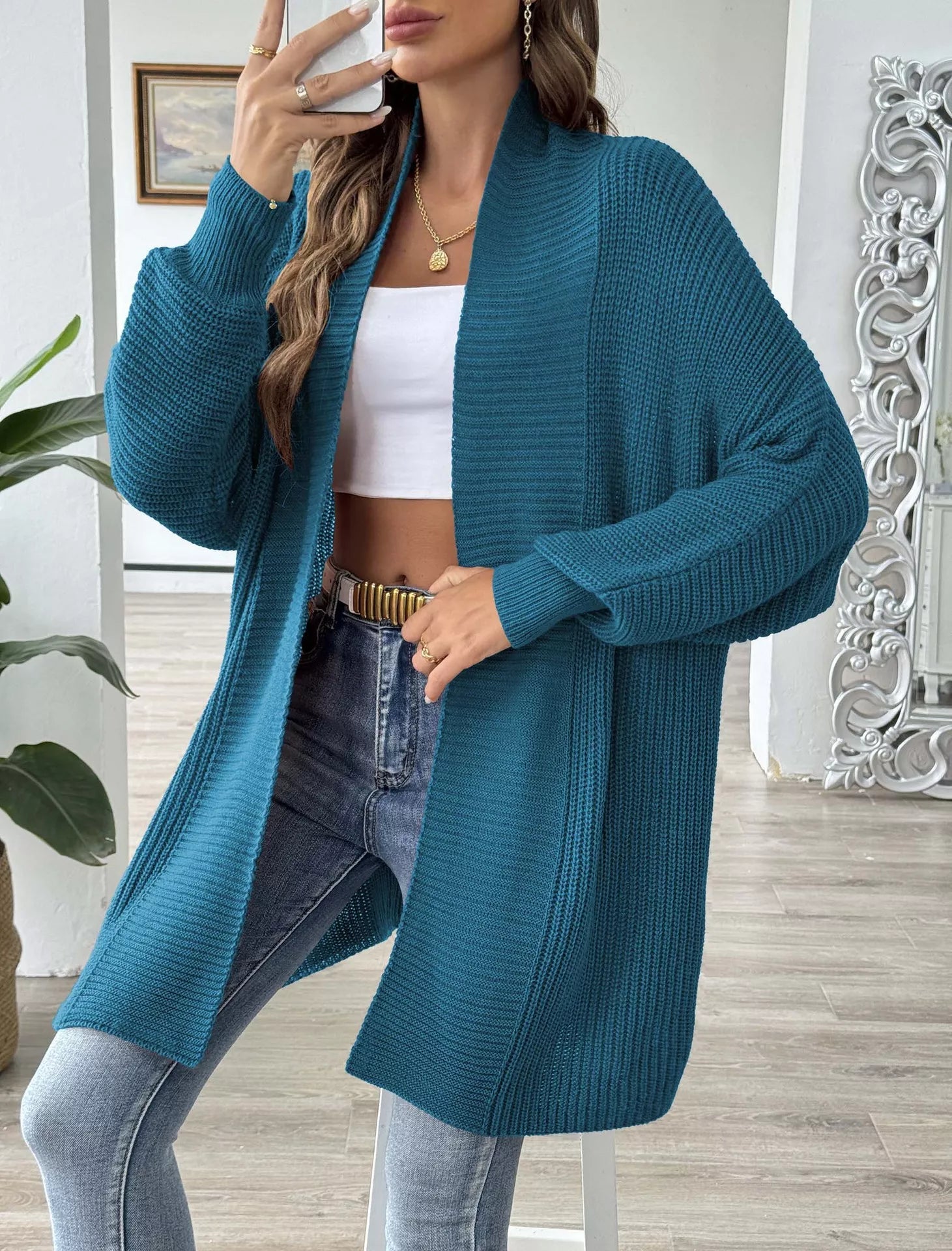 Open Front Ribbed Knit Cardigan 