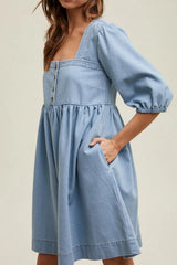 Square Neck Half Sleeve Denim Dress 