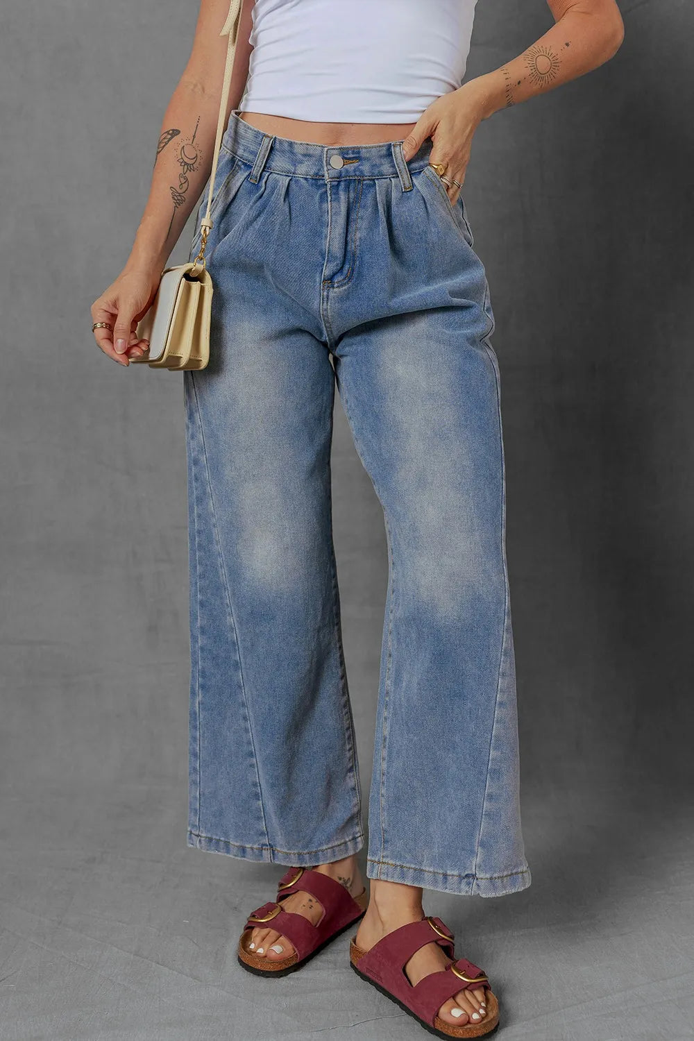 High-Waist Wide Leg Pleated Denim Jeans 