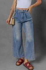 High-Waist Wide Leg Pleated Denim Jeans 