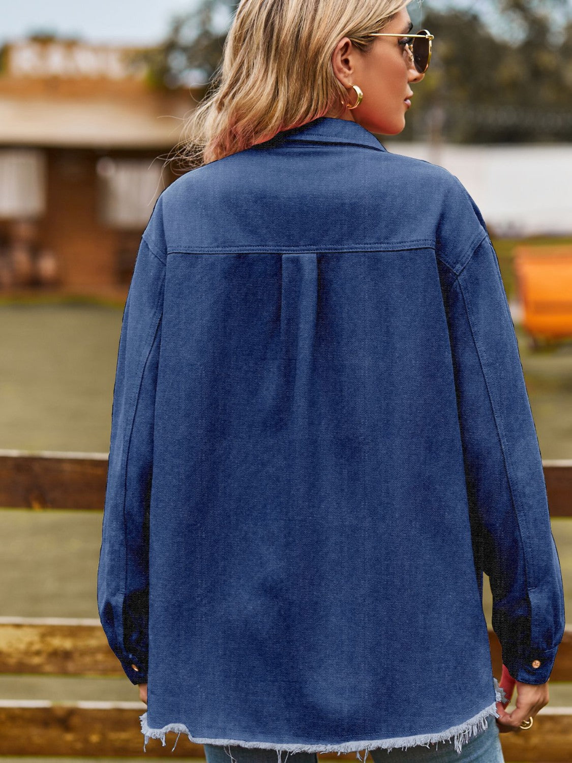 Button Up Collared Neck Raw Hem Denim Top 