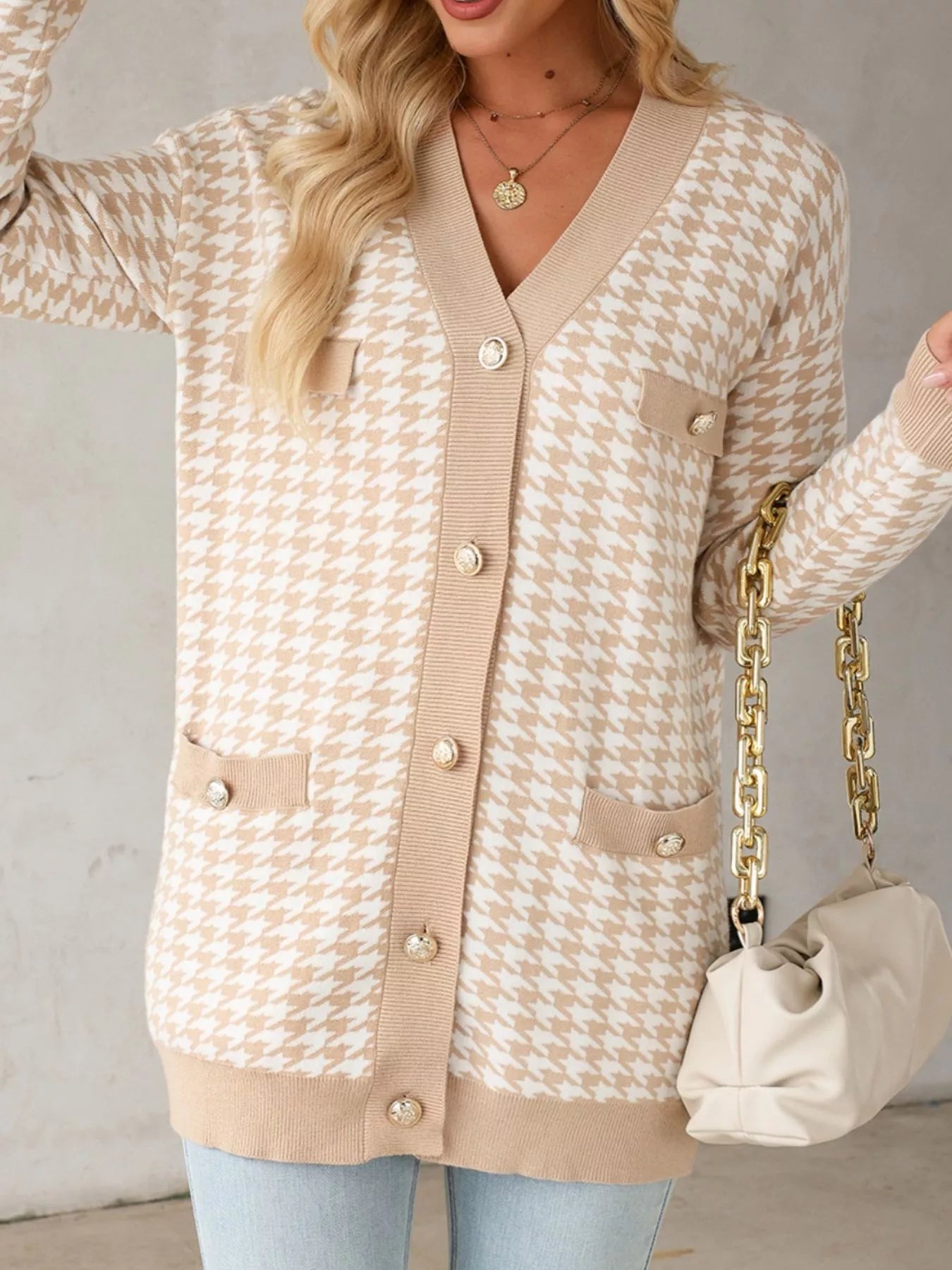 Contrast Edge Metal Button Slim Cardigan with Pockets 