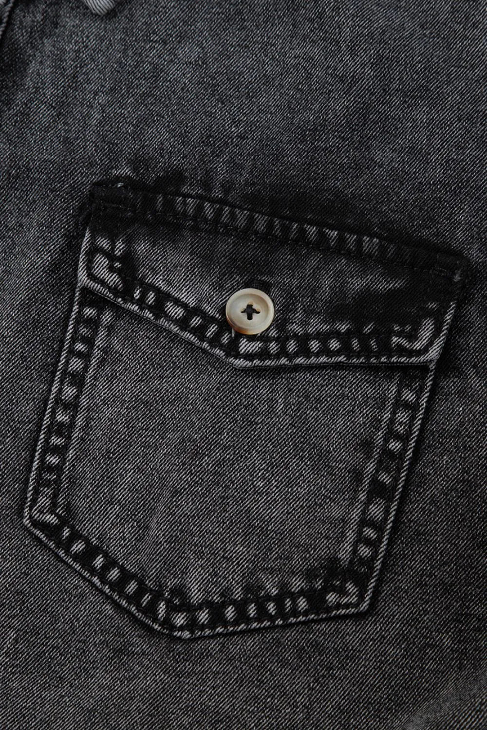Short Sleeve Flap Pocket Button Up Raw Hem Denim Shirt 