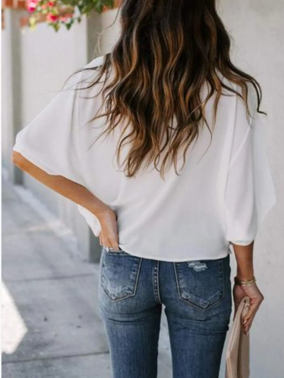 Full Size Ruched Three-Quarter Sleeve Blouse Plus Size 