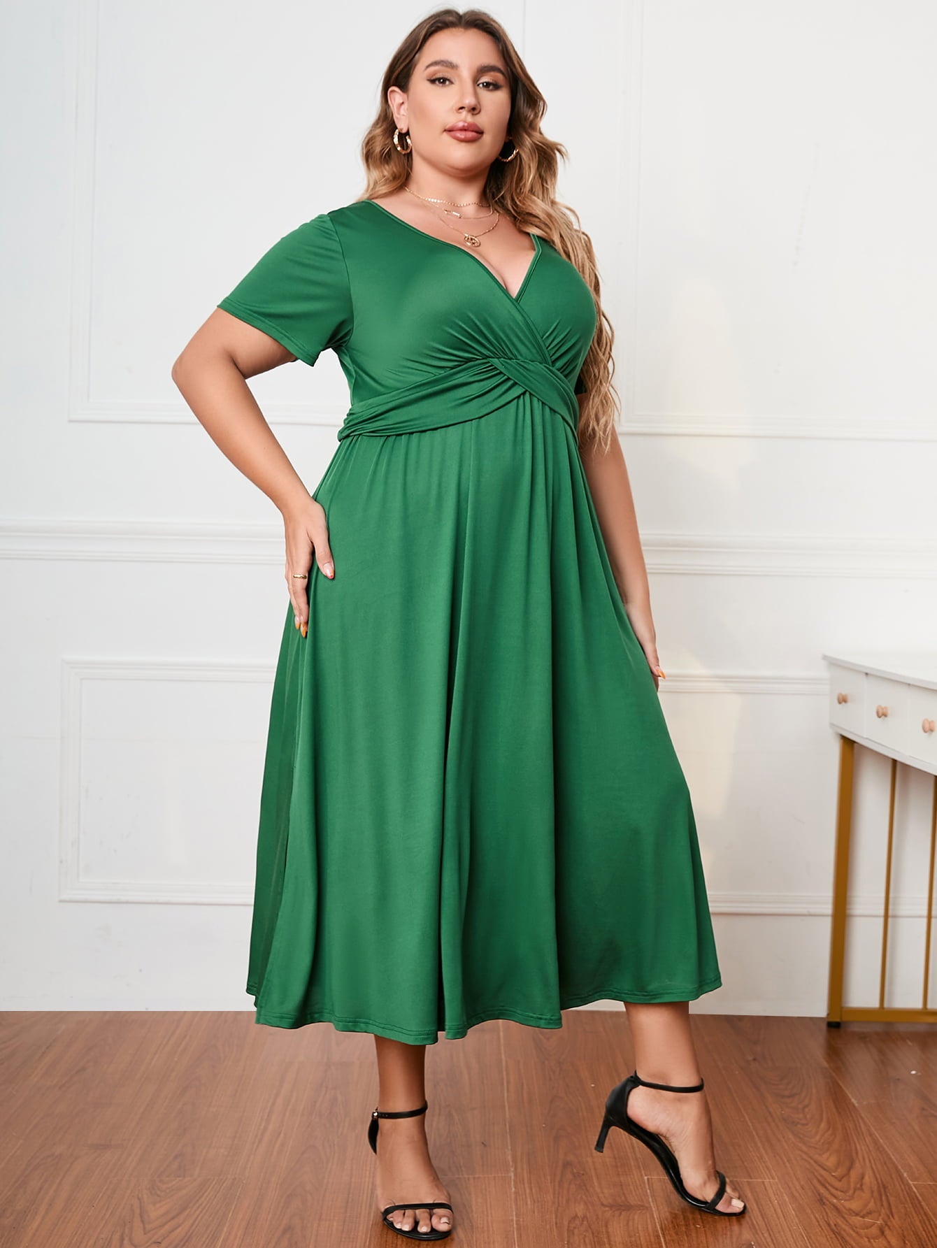 Honey Plus Size Short Sleeve Surplice Neck Midi Dress 