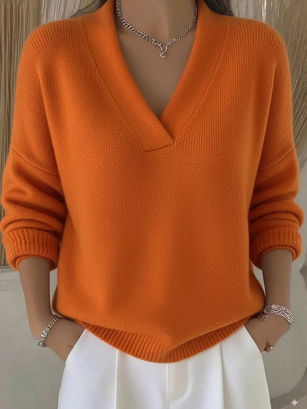 Full Size V-Neck Long Sleeve Sweater Plus Size 