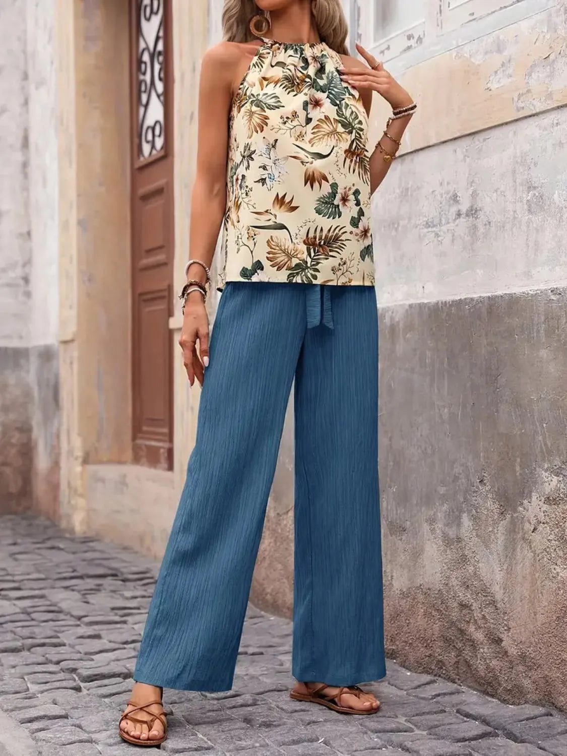 Printed Tank Top and Wide Leg Pants Set 