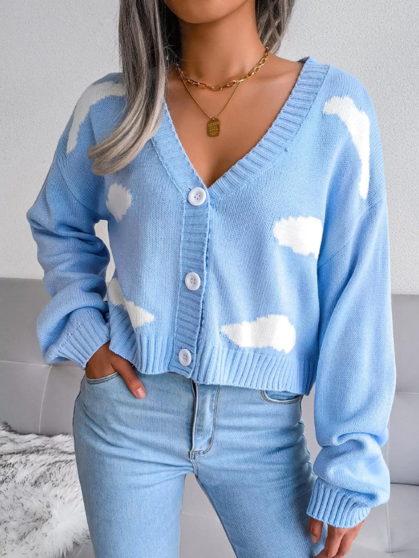 Cloud Pattern Button-Up Cropped Cardigan 