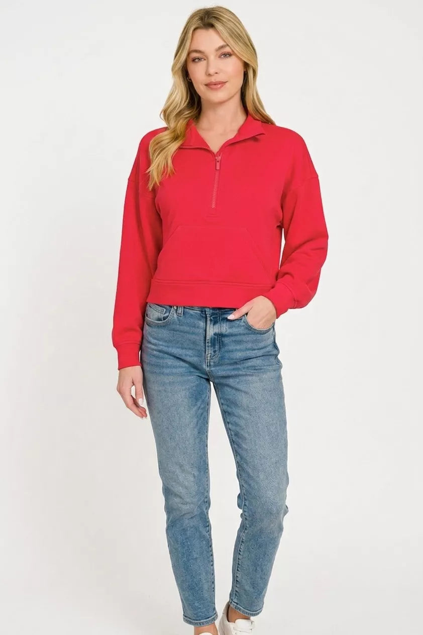 Zenana Scuba Half Zip Pullover With Kangaroo Pockets 