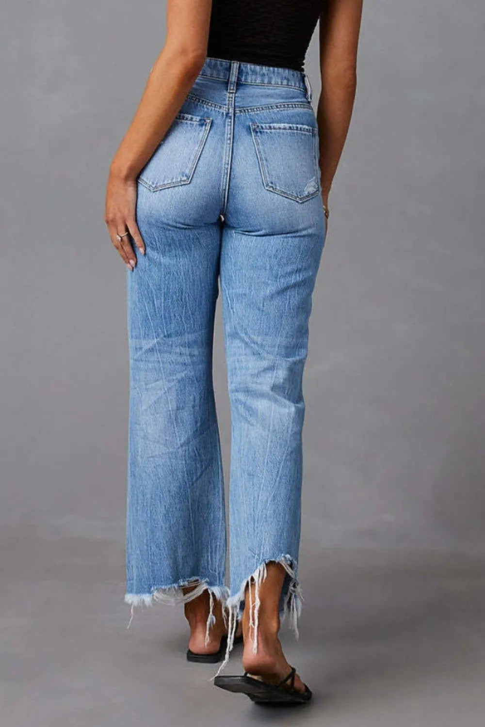 Distressed Raw Hem Jeans with Pockets 