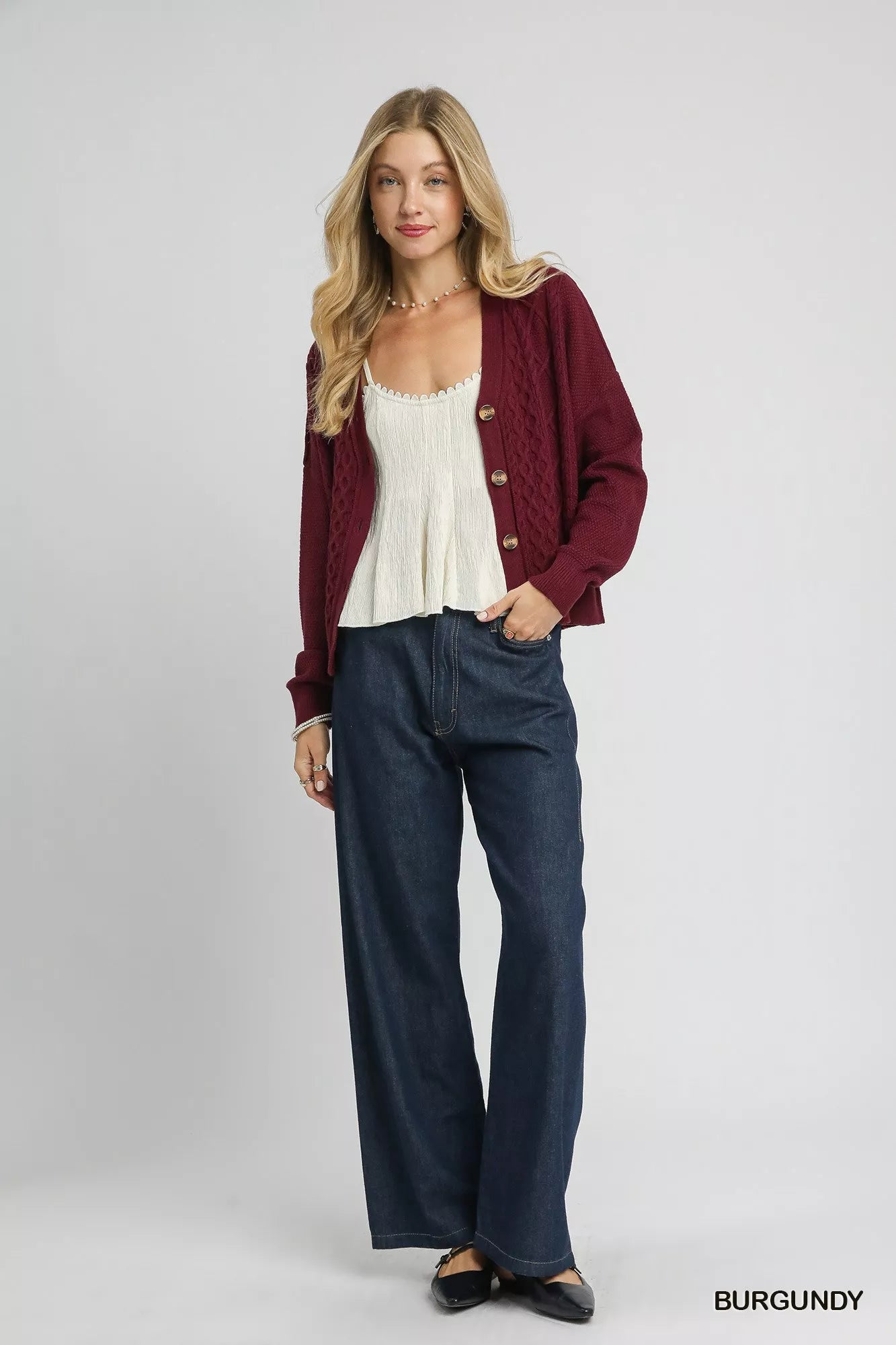 Umgee Chunky Cable Knit V-Neck Button-Up Cardigan 