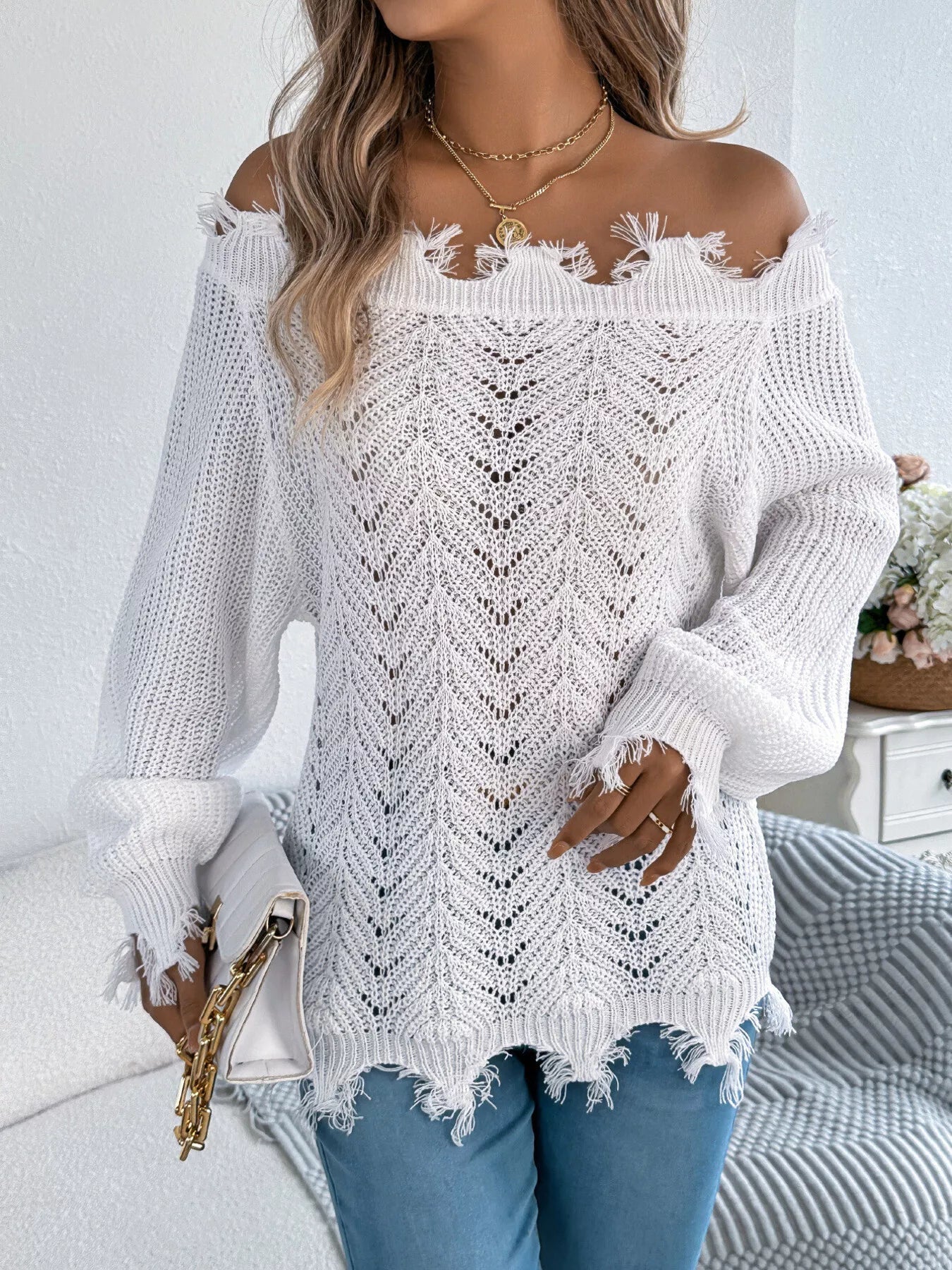 Distressed Hem Openwork Off-Shoulder Sweater 