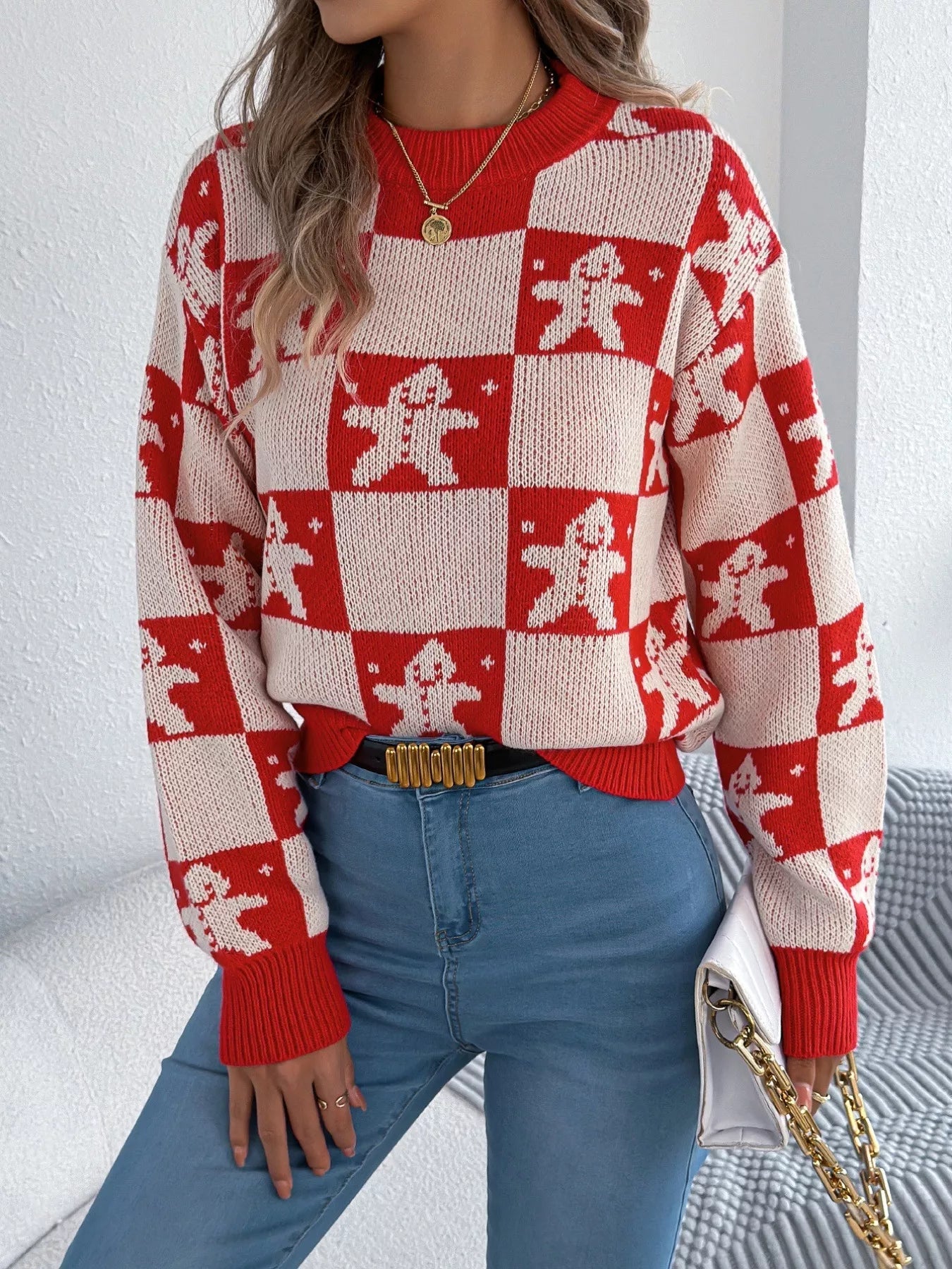 Christmas Checkerboard Gingerbread Round Neck Sweater 
