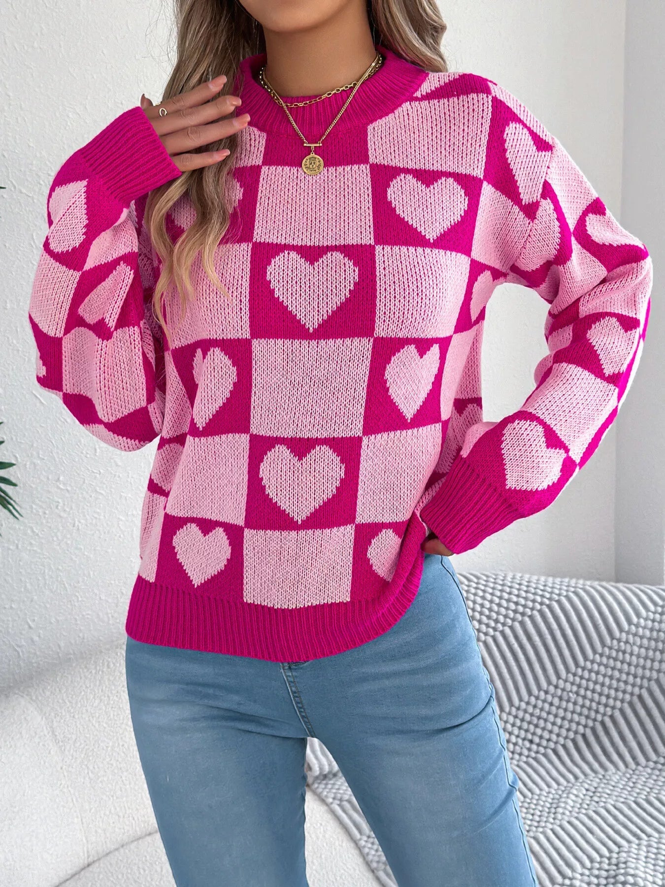 Heart Checkerboard Pattern Round Neck Sweater 