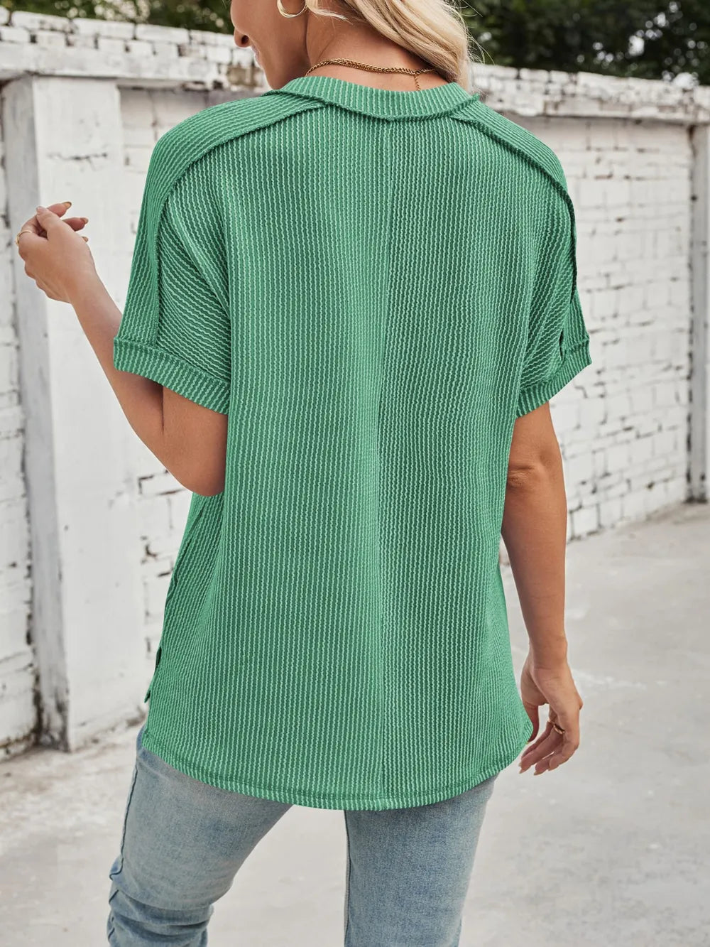 Cord Ribbed V-Neck Short Sleeve T-Shirt 