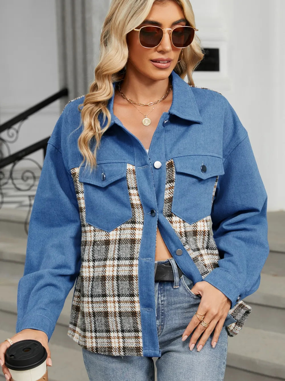 Plaid Button Up Long Sleeve Denim Jacket 