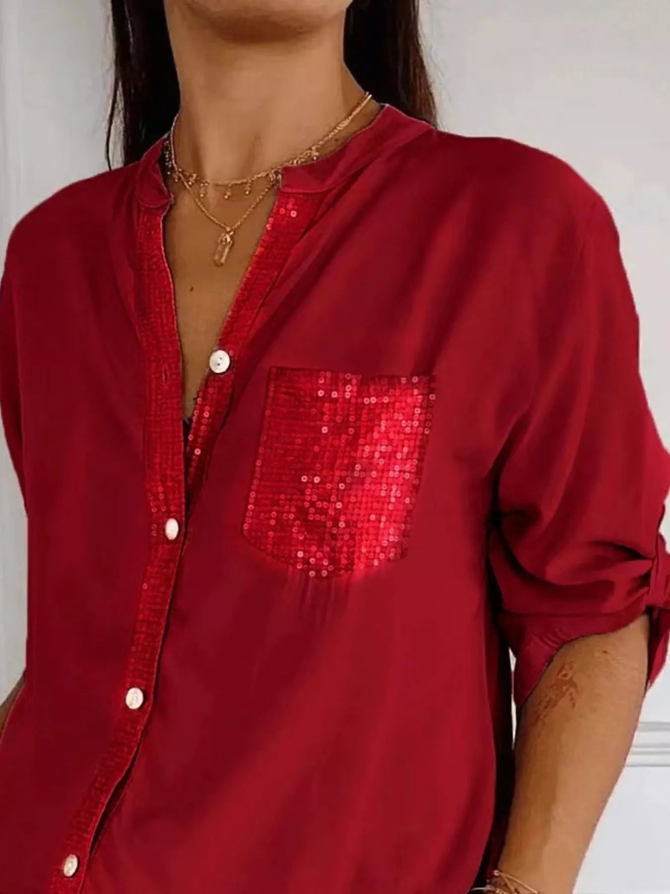 Full Size Sequin Detail Button-Down Shirt Plus Size 