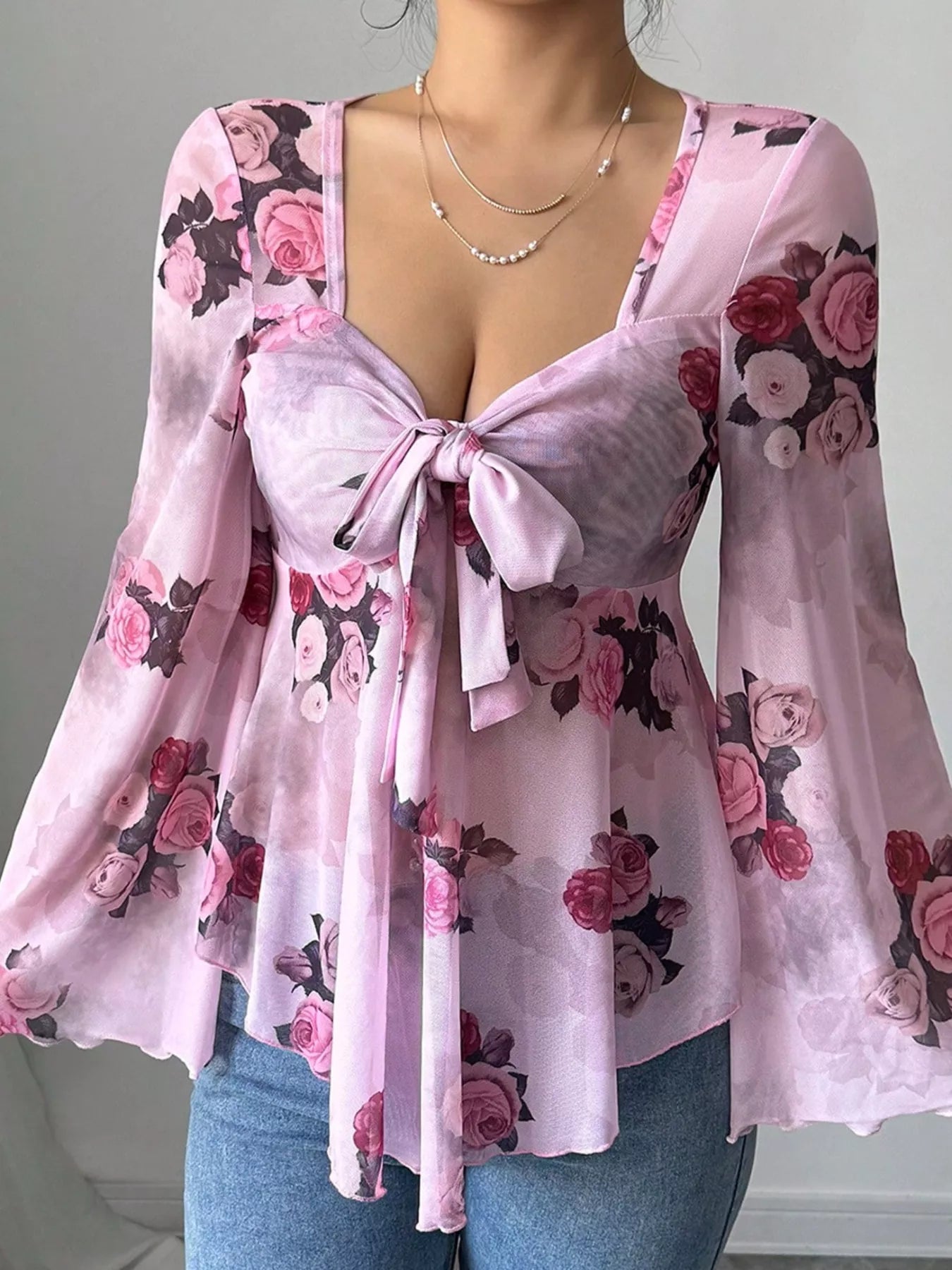 Floral Print Tie Front Flare Sleeve Blouse 
