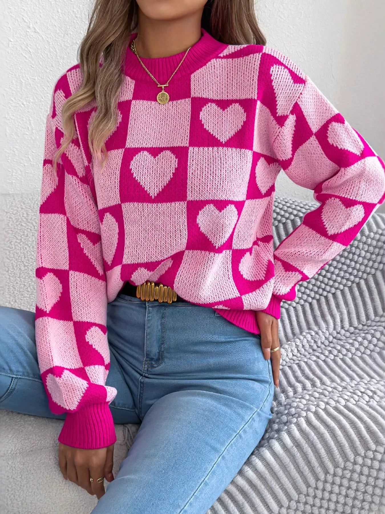 Heart Checkerboard Pattern Round Neck Sweater 