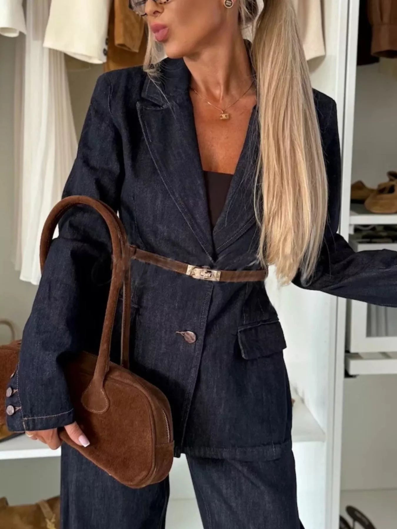 Single-Breasted Washed Denim Blazer 